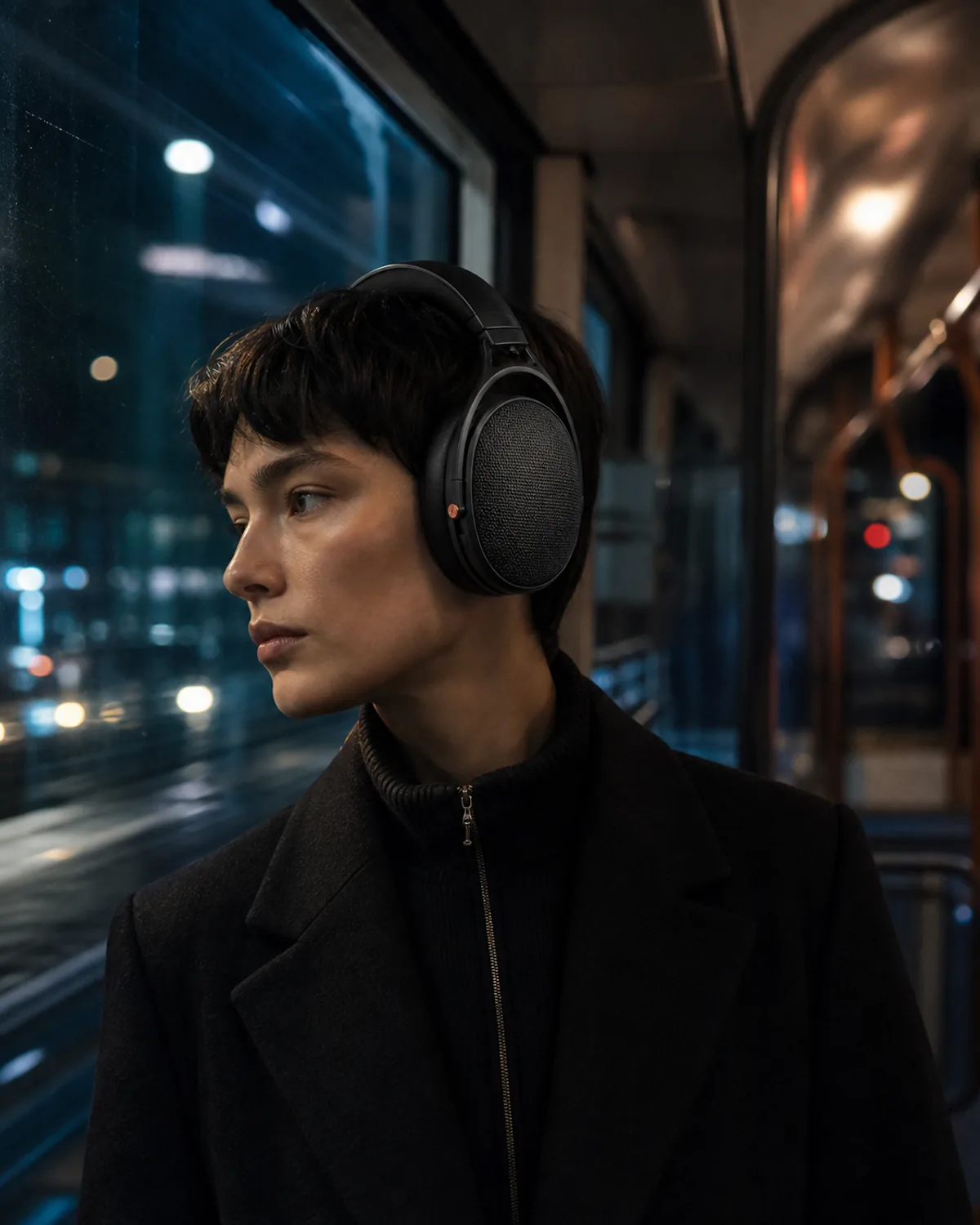 Person wearing graphite ORA One headphones on a tram at night