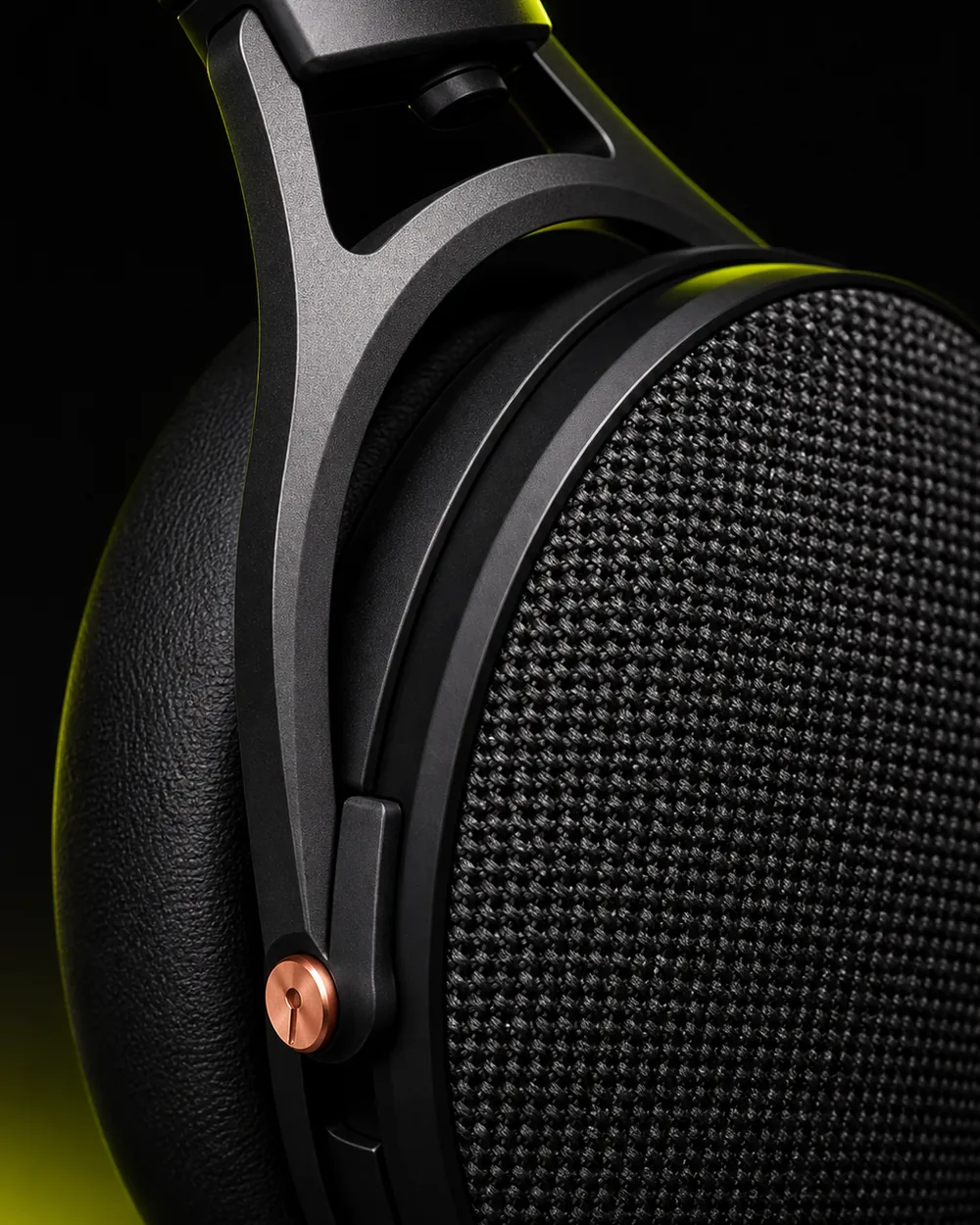 Macro view of the ORA One hinge and woven ear cup